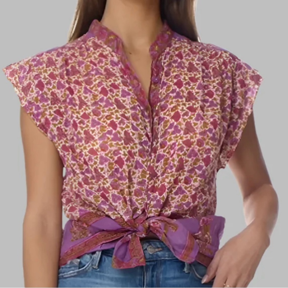 Vintage inspired floral print s/s button front Blouse with Mandarin Collar